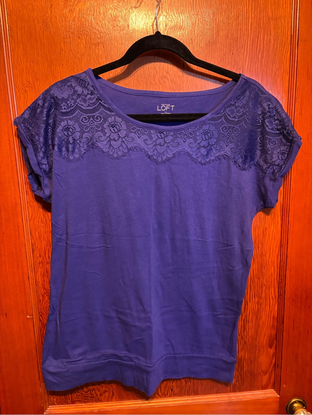 LOFT Royal Purple Lace Yoke Short Sleeve Tee